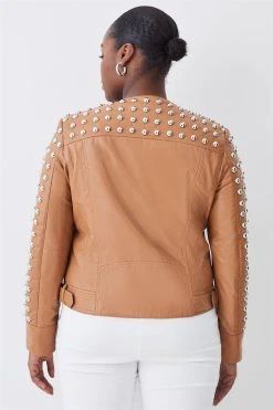Karen Millen Plus Size Leather Dome Stud & Quilted Detail Biker Jacket -Karen Millen shop camel plus size leather dome stud quilted detail biker jacket 1