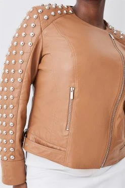 Karen Millen Plus Size Leather Dome Stud & Quilted Detail Biker Jacket -Karen Millen shop camel plus size leather dome stud quilted detail biker jacket 3
