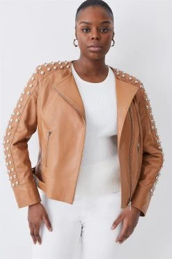 Karen Millen Plus Size Leather Dome Stud & Quilted Detail Biker Jacket -Karen Millen shop camel plus size leather dome stud quilted detail biker jacket 4