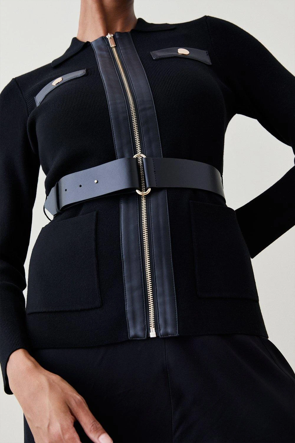 Karen Millen Pu Trim Belted Knit Jacket 4 Karen Millen Pu Trim Belted Knit Jacket - Image 2