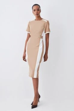 Karen Millen Tall Compact Stretch Contrast Panel Midi Pencil Dress -Karen Millen shop camel tall compact stretch contrast panel midi pencil dress 1