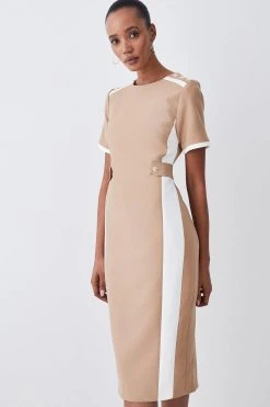 Karen Millen Tall Compact Stretch Contrast Panel Midi Pencil Dress -Karen Millen shop camel tall compact stretch contrast panel midi pencil dress 3