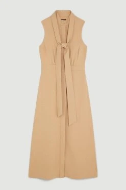 Karen Millen The Founder Petite Tie Neck Woven Midi Dress -Karen Millen shop camel the founder petite tie neck woven midi dress 2