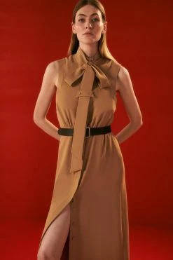 Karen Millen The Founder Petite Tie Neck Woven Midi Dress