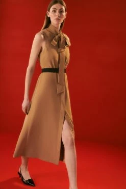 Karen Millen The Founder Petite Tie Neck Woven Midi Dress -Karen Millen shop camel the founder petite tie neck woven midi dress 3