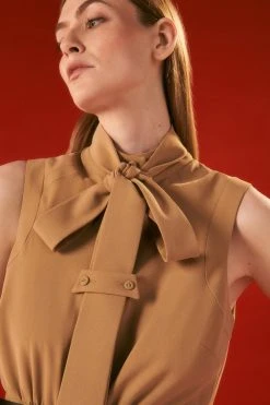 Karen Millen The Founder Petite Tie Neck Woven Midi Dress -Karen Millen shop camel the founder petite tie neck woven midi dress 4