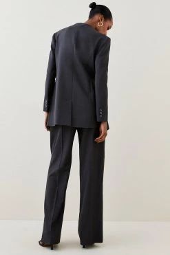 Karen Millen Polished Wool Blend Elastic Waist Wide Leg Trouser -Karen Millen shop charcoal polished wool blend elastic waist wide leg trouser 2