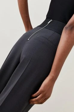 Karen Millen Polished Wool Blend Elastic Waist Wide Leg Trouser -Karen Millen shop charcoal polished wool blend elastic waist wide leg trouser 4