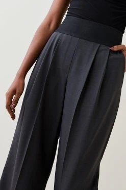 Karen Millen Polished Wool Blend Elastic Waist Wide Leg Trouser -Karen Millen shop charcoal polished wool blend elastic waist wide leg trouser 5