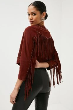 Karen Millen Suede Eyelet Tassel Cropped Jacket