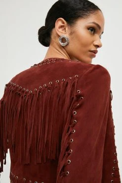 Karen Millen Suede Eyelet Tassel Cropped Jacket -Karen Millen shop chartreuse suede eyelet tassel cropped jacket 3