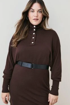 Karen Millen Plus Size Belted Cashmere Blend Knit Mini Tunic -Karen Millen shop choc brown plus size belted cashmere blend knit mini tunic 1 1