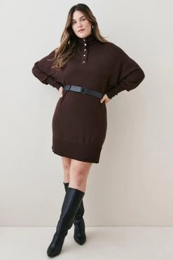 Karen Millen Plus Size Belted Cashmere Blend Knit Mini Tunic -Karen Millen shop choc brown plus size belted cashmere blend knit mini tunic 1 2