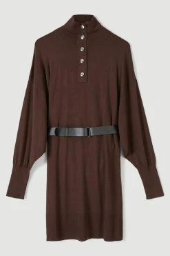 Karen Millen Plus Size Belted Cashmere Blend Knit Mini Tunic -Karen Millen shop choc brown plus size belted cashmere blend knit mini tunic 1 3