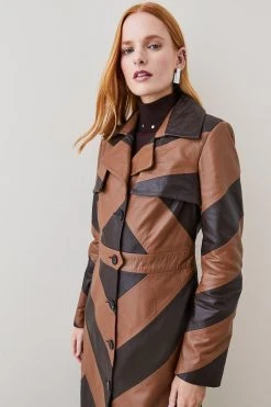Karen Millen Leather Colour Block Statement Trench Coat -Karen Millen shop chocolate leather colour block statement trench coat 1 1