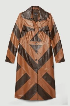 Karen Millen Leather Colour Block Statement Trench Coat -Karen Millen shop chocolate leather colour block statement trench coat 1 2