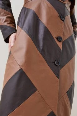 Karen Millen Leather Colour Block Statement Trench Coat -Karen Millen shop chocolate leather colour block statement trench coat 1 3