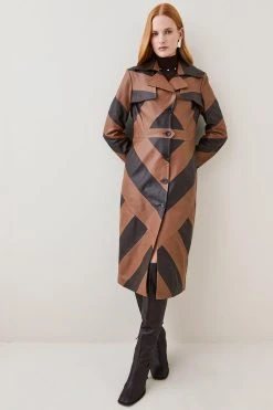 Karen Millen Leather Colour Block Statement Trench Coat -Karen Millen shop chocolate leather colour block statement trench coat 1 4