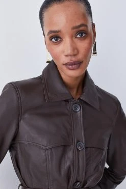 Karen Millen Leather Utility Shacket -Karen Millen shop chocolate leather utility shacket 1 2