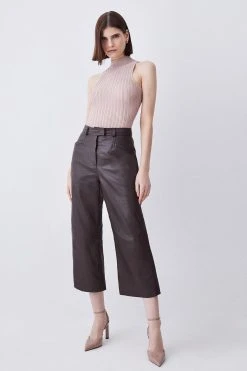 Karen Millen Leather Wide Leg Culotte -Karen Millen shop chocolate leather wide leg culotte 1