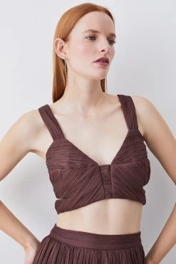 Karen Millen Lydia Millen Crinkle Satin Chiffon Woven Crop Top -Karen Millen shop chocolate lydia millen crinkle satin chiffon woven crop top 2