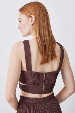 Karen Millen Lydia Millen Crinkle Satin Chiffon Woven Crop Top -Karen Millen shop chocolate lydia millen crinkle satin chiffon woven crop top 3