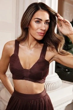 Karen Millen Lydia Millen Crinkle Satin Chiffon Woven Crop Top -Karen Millen shop chocolate lydia millen crinkle satin chiffon woven crop top 4