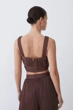 Karen Millen Lydia Millen Petite Crinkle Satin Chiffon Woven Crop Top -Karen Millen shop chocolate lydia millen petite crinkle satin chiffon woven crop top 2