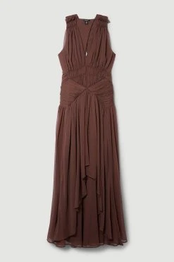 Karen Millen Lydia Millen Petite Crinkle Satin Chiffon Woven Maxi Dress -Karen Millen shop chocolate lydia millen petite crinkle satin chiffon woven maxi dress 2