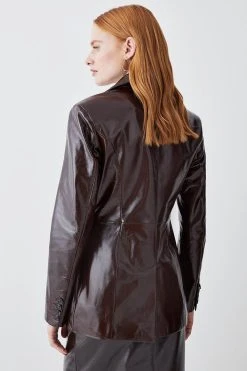 Karen Millen Patent Leather Strong Shoulder Tailored Blazer -Karen Millen shop chocolate patent leather strong shoulder tailored blazer 1 2