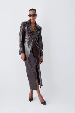 Karen Millen Patent Leather Strong Shoulder Tailored Blazer -Karen Millen shop chocolate patent leather strong shoulder tailored blazer 1 3