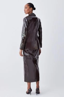 Karen Millen Patent Leather Strong Shoulder Tailored Blazer -Karen Millen shop chocolate patent leather strong shoulder tailored blazer 1 5