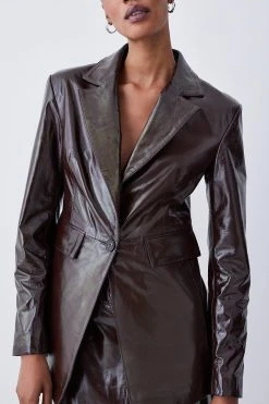 Karen Millen Patent Leather Strong Shoulder Tailored Blazer -Karen Millen shop chocolate patent leather strong shoulder tailored blazer 1 6