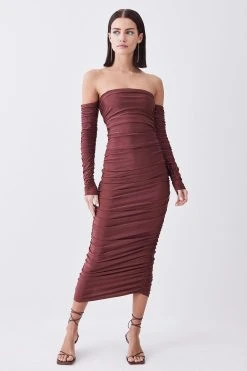 Karen Millen Petite Gathered Slinky Bardot Maxi Dress -Karen Millen shop chocolate petite gathered slinky bardot maxi dress 1