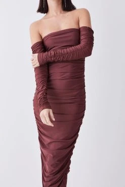 Karen Millen Petite Gathered Slinky Bardot Maxi Dress -Karen Millen shop chocolate petite gathered slinky bardot maxi dress 2