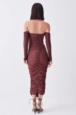 Karen Millen Petite Gathered Slinky Bardot Maxi Dress -Karen Millen shop chocolate petite gathered slinky bardot maxi dress 3