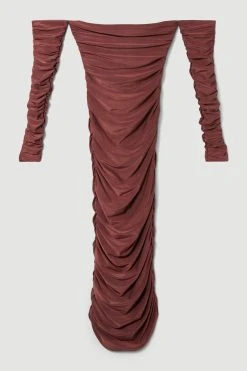 Karen Millen Petite Gathered Slinky Bardot Maxi Dress -Karen Millen shop chocolate petite gathered slinky bardot maxi dress 4