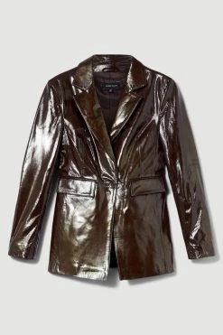Karen Millen Petite Patent Leather Strong Shoulder Tailored Blazer -Karen Millen shop chocolate petite patent leather strong shoulder tailored blazer 1