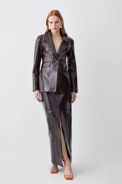 Karen Millen Petite Patent Leather Strong Shoulder Tailored Blazer -Karen Millen shop chocolate petite patent leather strong shoulder tailored blazer 2