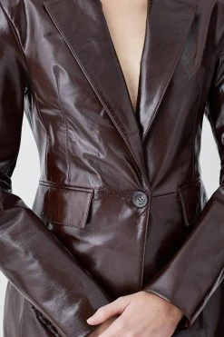 Karen Millen Petite Patent Leather Strong Shoulder Tailored Blazer -Karen Millen shop chocolate petite patent leather strong shoulder tailored blazer 4