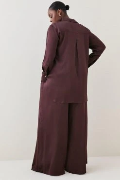 Karen Millen Plus Size Viscose Satin Wide Leg Woven Trousers -Karen Millen shop chocolate plus size viscose satin wide leg woven trousers 1