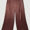 Karen Millen Plus Size Viscose Satin Wide Leg Woven Trousers -Karen Millen shop chocolate plus size viscose satin wide leg woven trousers