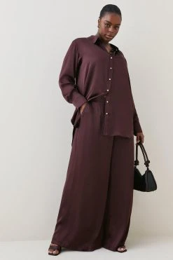 Karen Millen Plus Size Viscose Satin Wide Leg Woven Trousers -Karen Millen shop chocolate plus size viscose satin wide leg woven trousers 3