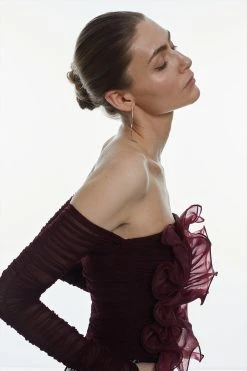 Karen Millen Ponte And Mesh Rouched Organza Frill Bardot Top -Karen Millen shop chocolate ponte and mesh rouched organza frill bardot top 1