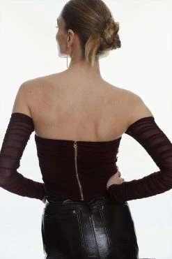 Karen Millen Ponte And Mesh Rouched Organza Frill Bardot Top -Karen Millen shop chocolate ponte and mesh rouched organza frill bardot top 2