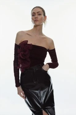 Karen Millen Ponte And Mesh Rouched Organza Frill Bardot Top -Karen Millen shop chocolate ponte and mesh rouched organza frill bardot top 3