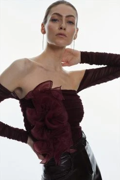 Karen Millen Ponte And Mesh Rouched Organza Frill Bardot Top -Karen Millen shop chocolate ponte and mesh rouched organza frill bardot top 5