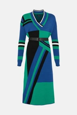 Karen Millen Abstract Jacquard Pu Belted Knit Midi Dress
