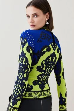 Karen Millen All Over Baroque Jacquard Knit High Neck Top -Karen Millen shop cobalt all over baroque jacquard knit high neck top 2