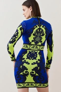 Karen Millen All Over Baroque Jacquard Knit Mini Dress -Karen Millen shop cobalt all over baroque jacquard knit mini dress 2